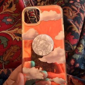 Iridescent Cloud Pattern iPhone 14 Plus Case with Pearl PopGrip - Orange
